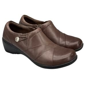 Clarks Channing Ann Brown Leather Slip On Side Zip Comfort Loafer Women 9